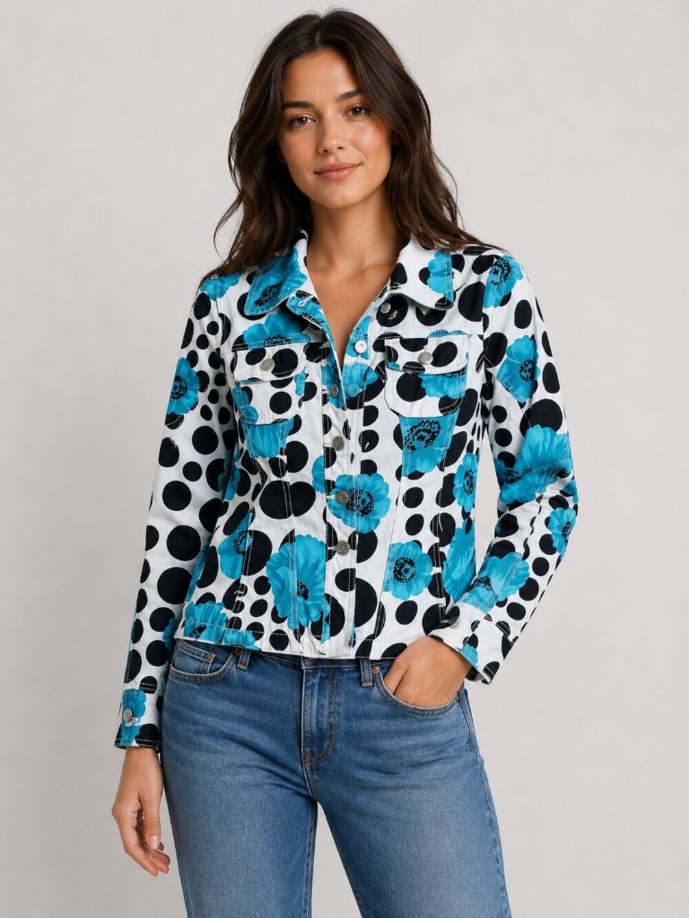 AMI White, Black and Blue Polka Dot Floral Jacket Size Small